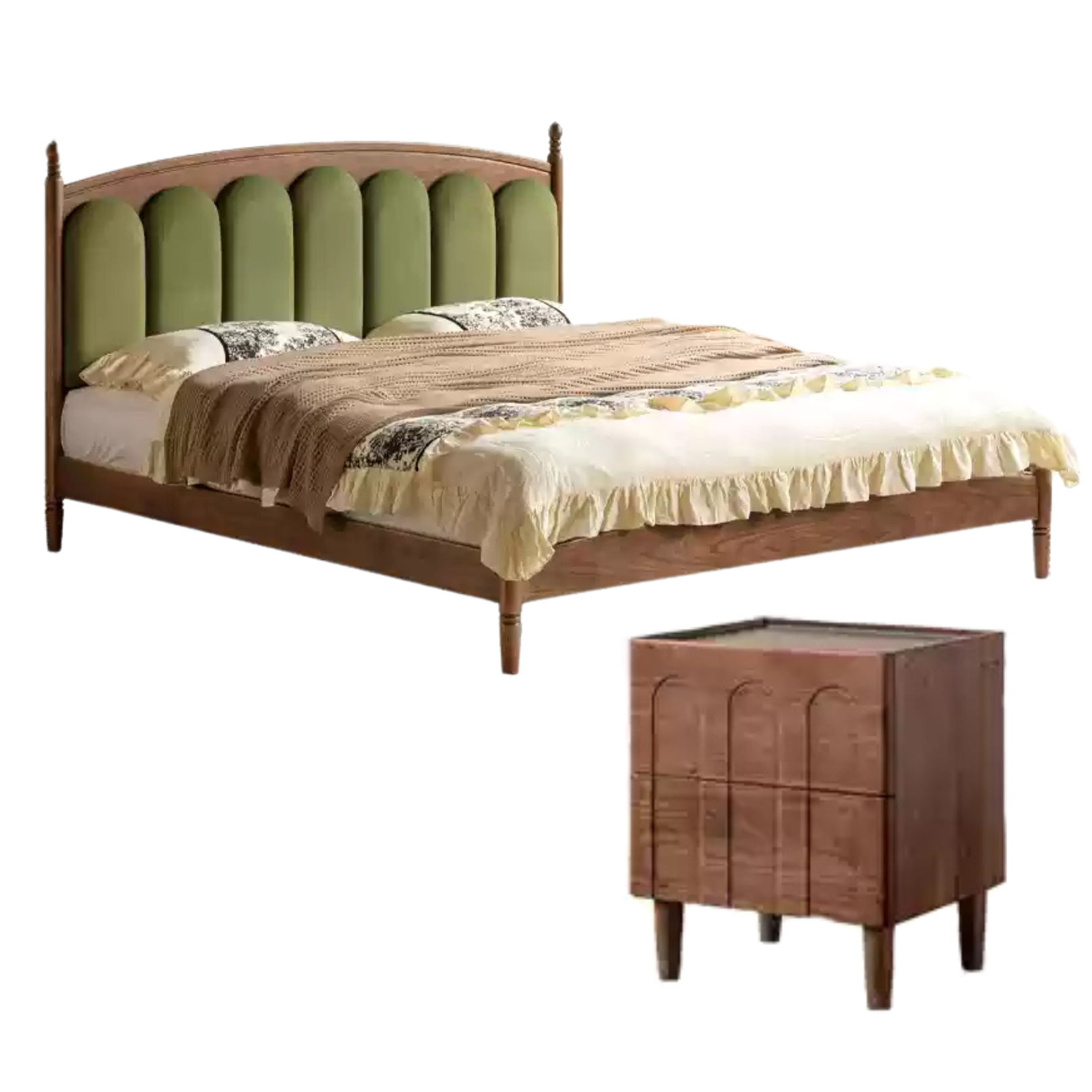 Black Walnut, Oak Solid Wood French Style Leather Bed with Retro Soft Headboard