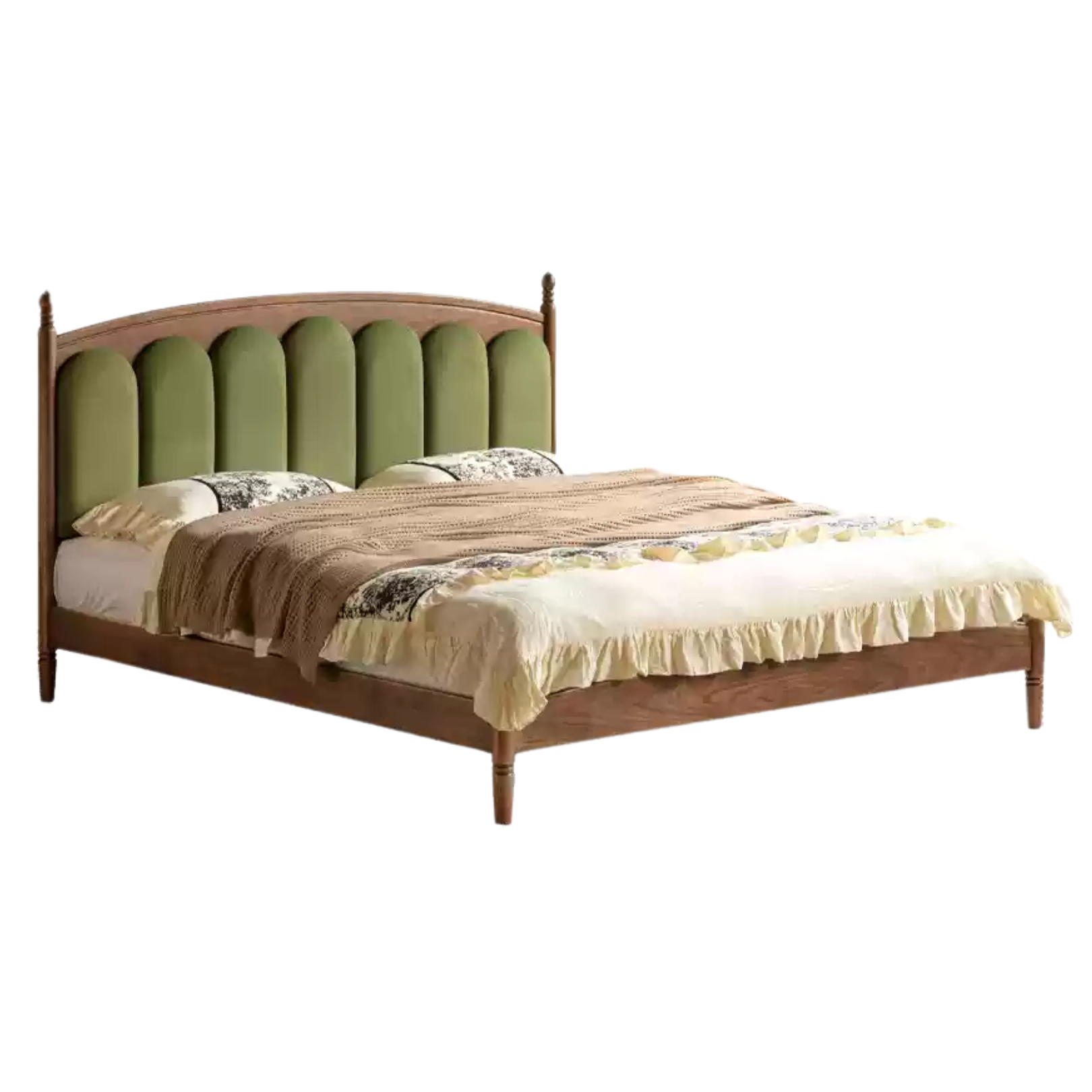 Black Walnut, Oak Solid Wood French Style Leather Bed with Retro Soft Headboard