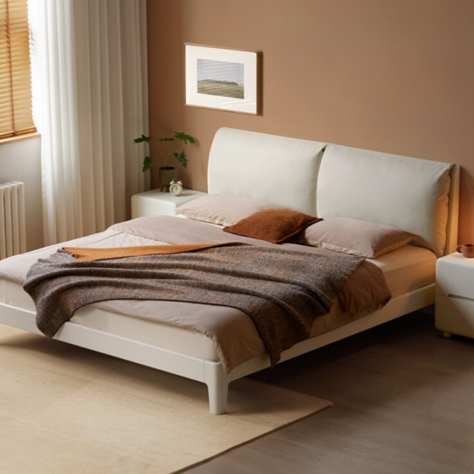 Rubberwood Solid Wood Upholstered Platform Bed with Cushioned Headboard, White