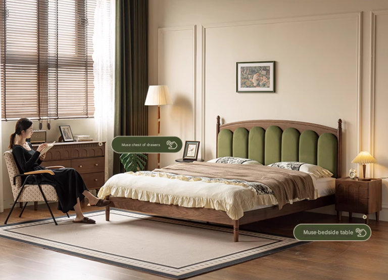 Black Walnut, Oak Solid Wood French Style Leather Bed with Retro Soft Headboard