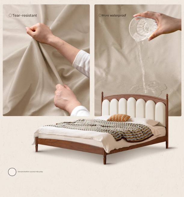 Black Walnut, Oak Solid Wood French Style Leather Bed with Retro Soft Headboard