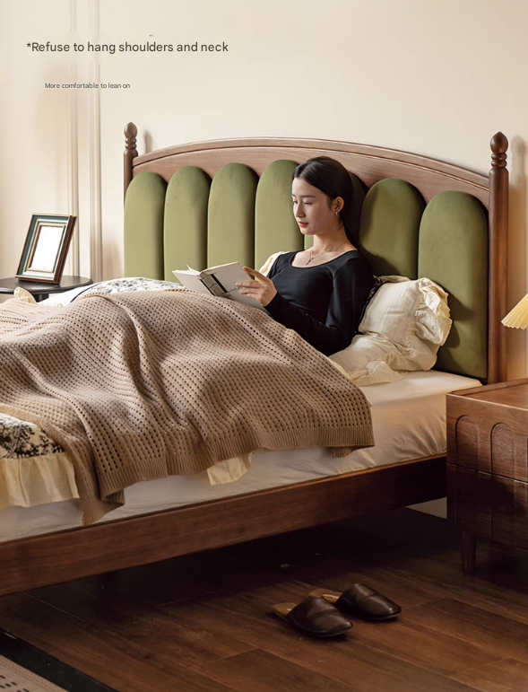 Black Walnut, Oak Solid Wood French Style Leather Bed with Retro Soft Headboard