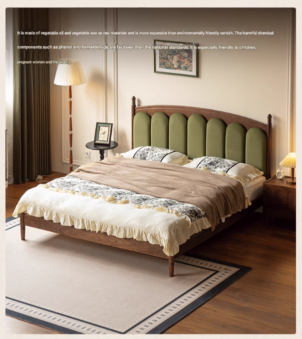 Black Walnut, Oak Solid Wood French Style Leather Bed with Retro Soft Headboard