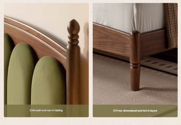 Black Walnut, Oak Solid Wood French Style Leather Bed with Retro Soft Headboard