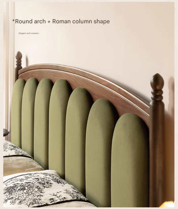 Black Walnut, Oak Solid Wood French Style Leather Bed with Retro Soft Headboard