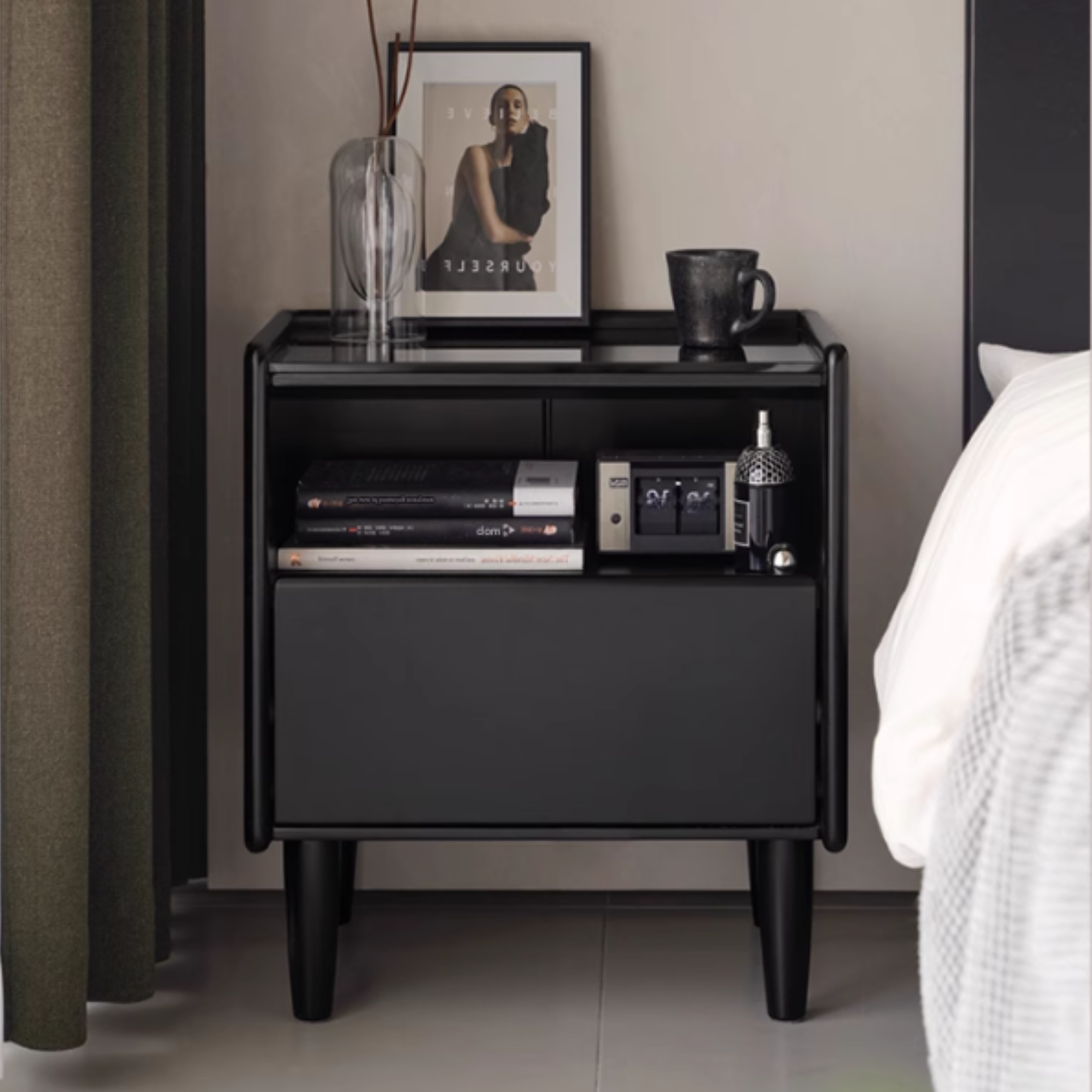 Rubber Solid Wood Modern Black Nightstand