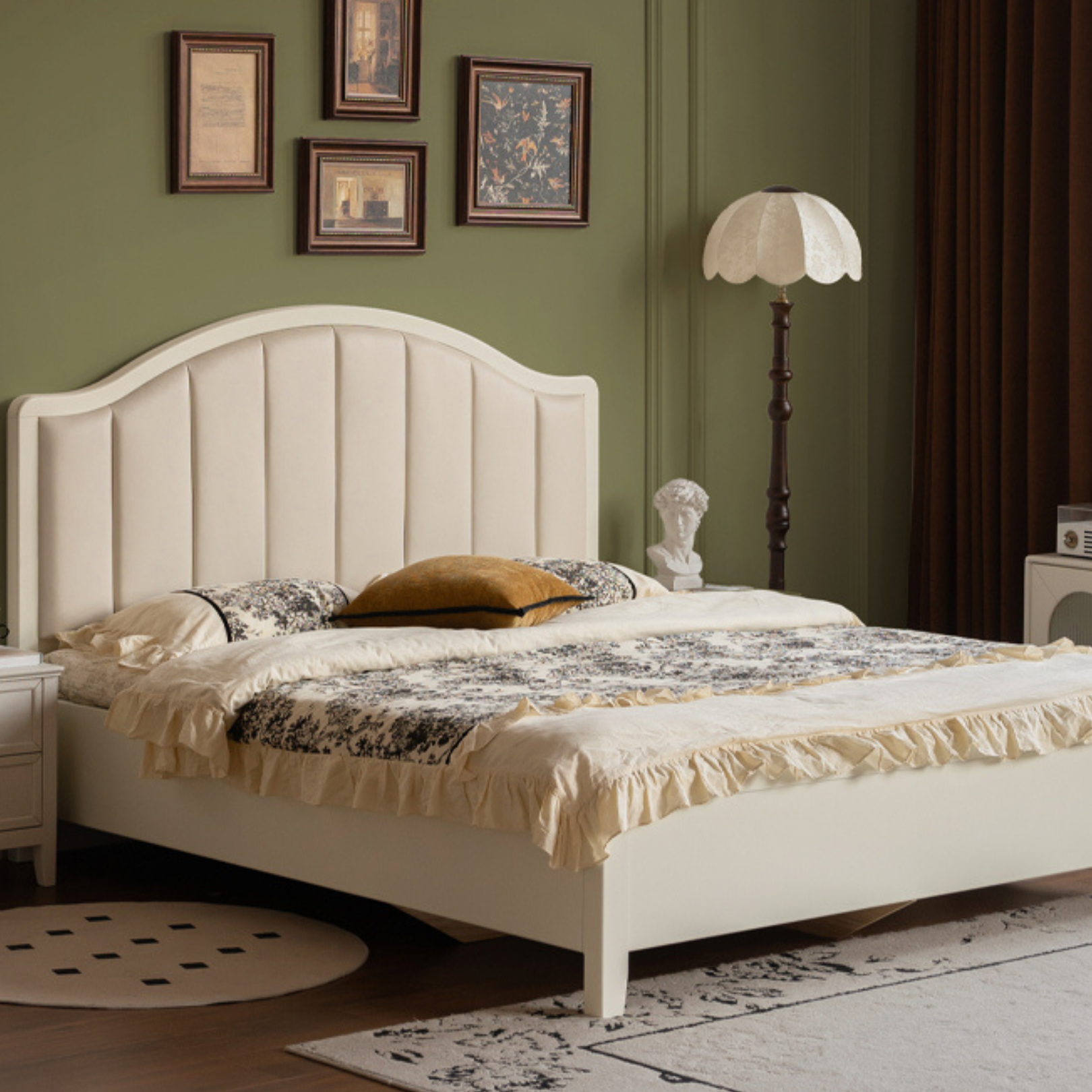 Rubber Solid Wood Arched Channel-Tufted Upholstered Storage Bed, Cream