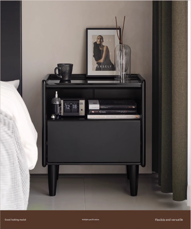 Rubber Solid Wood Modern Black Nightstand