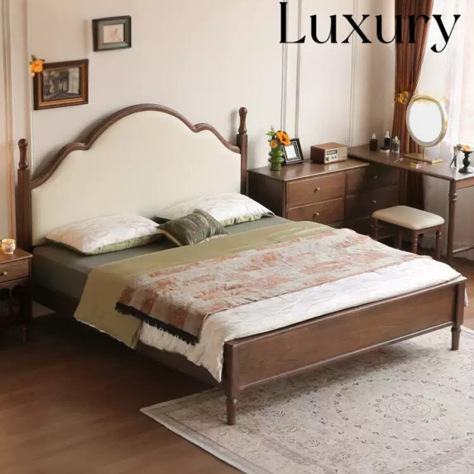 Black Walnut, Poplar Solid Wood Double Bed with Soft Backrest, Retro American Style