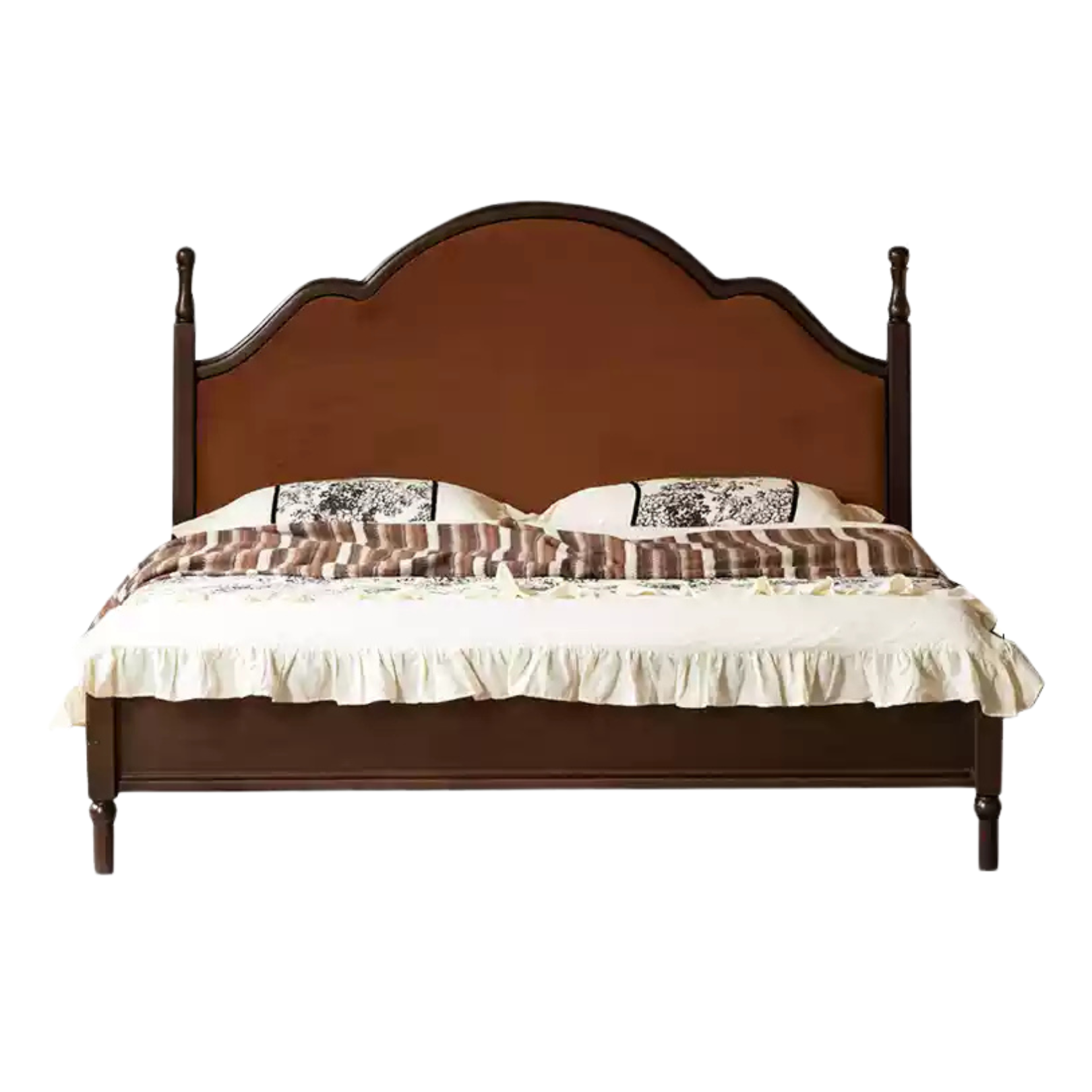 Black Walnut, Poplar Solid Wood Double Bed with Soft Backrest, Retro American Style