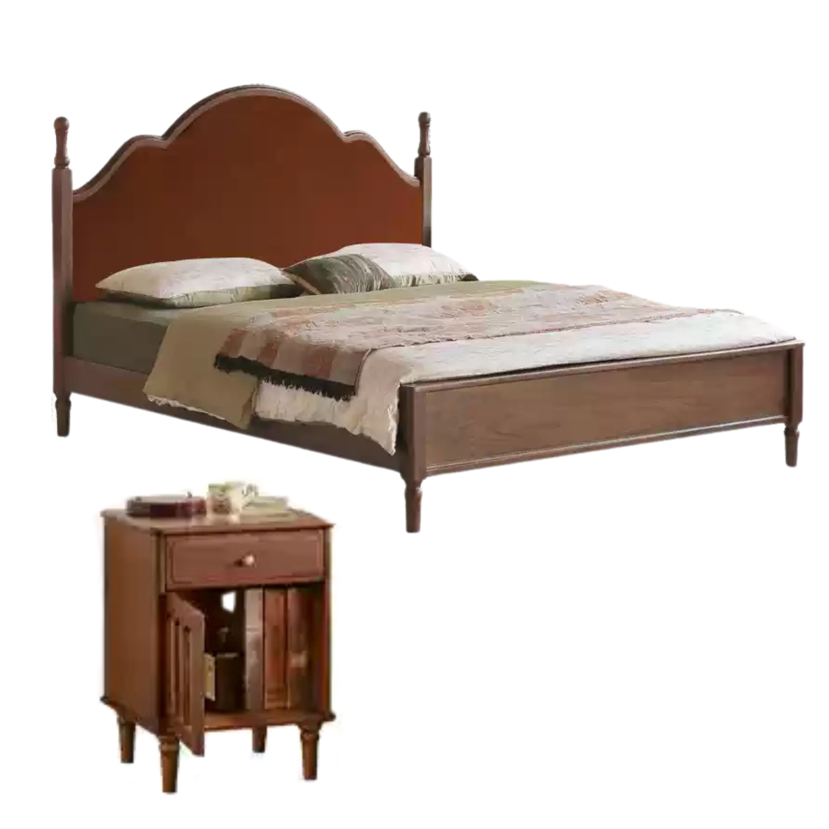 Black Walnut, Poplar Solid Wood Double Bed with Soft Backrest, Retro American Style