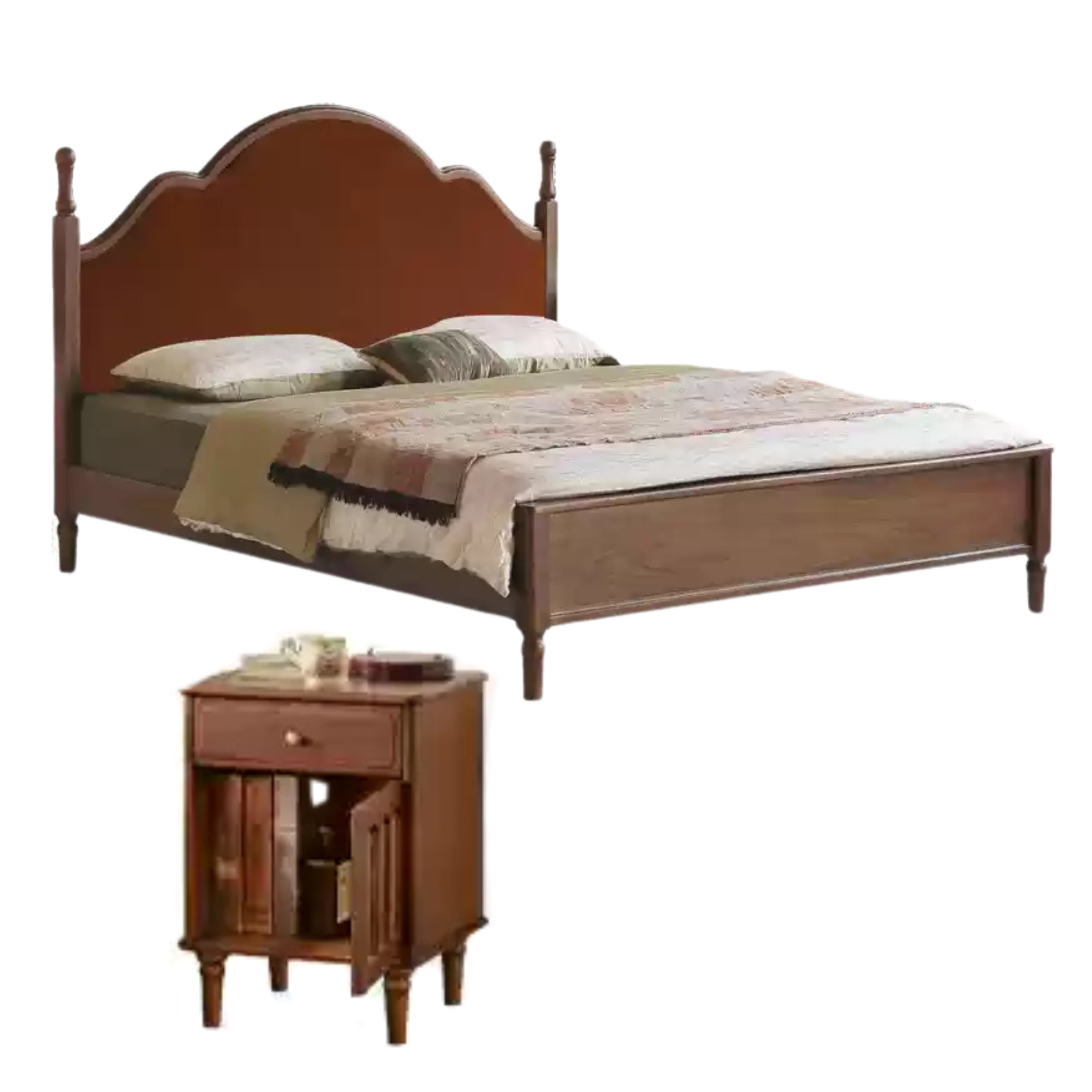 Black Walnut, Poplar Solid Wood Double Bed with Soft Backrest, Retro American Style