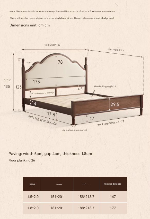 Black Walnut, Poplar Solid Wood Double Bed with Soft Backrest, Retro American Style