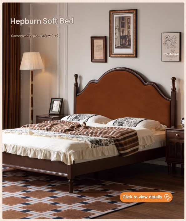 Black Walnut, Poplar Solid Wood Double Bed with Soft Backrest, Retro American Style