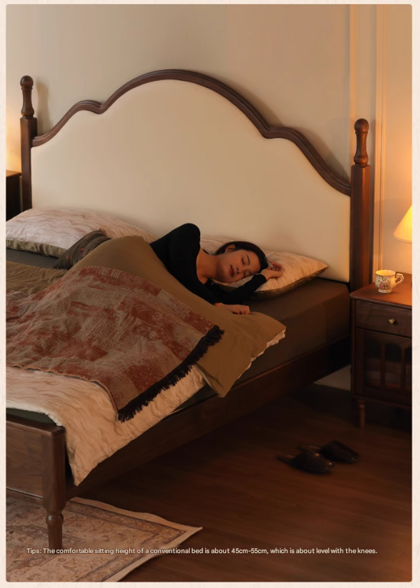 Black Walnut, Poplar Solid Wood Double Bed with Soft Backrest, Retro American Style