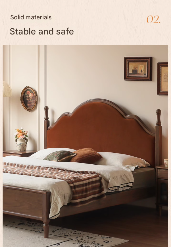 Black Walnut, Poplar Solid Wood Double Bed with Soft Backrest, Retro American Style