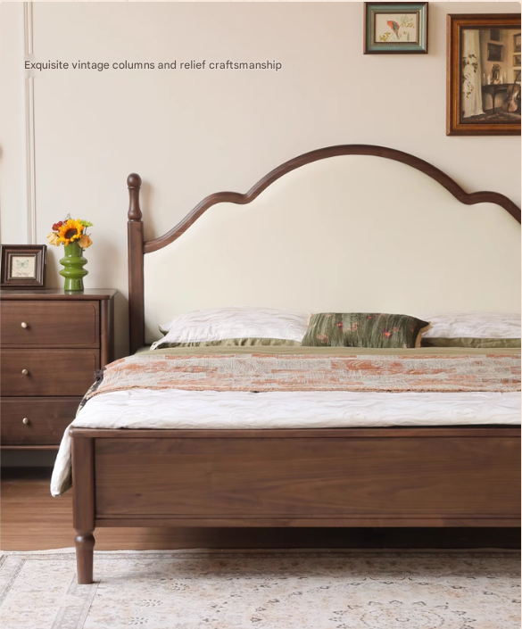 Black Walnut, Poplar Solid Wood Double Bed with Soft Backrest, Retro American Style