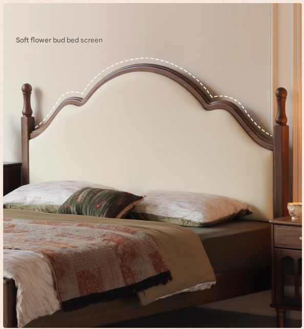 Black Walnut, Poplar Solid Wood Double Bed with Soft Backrest, Retro American Style