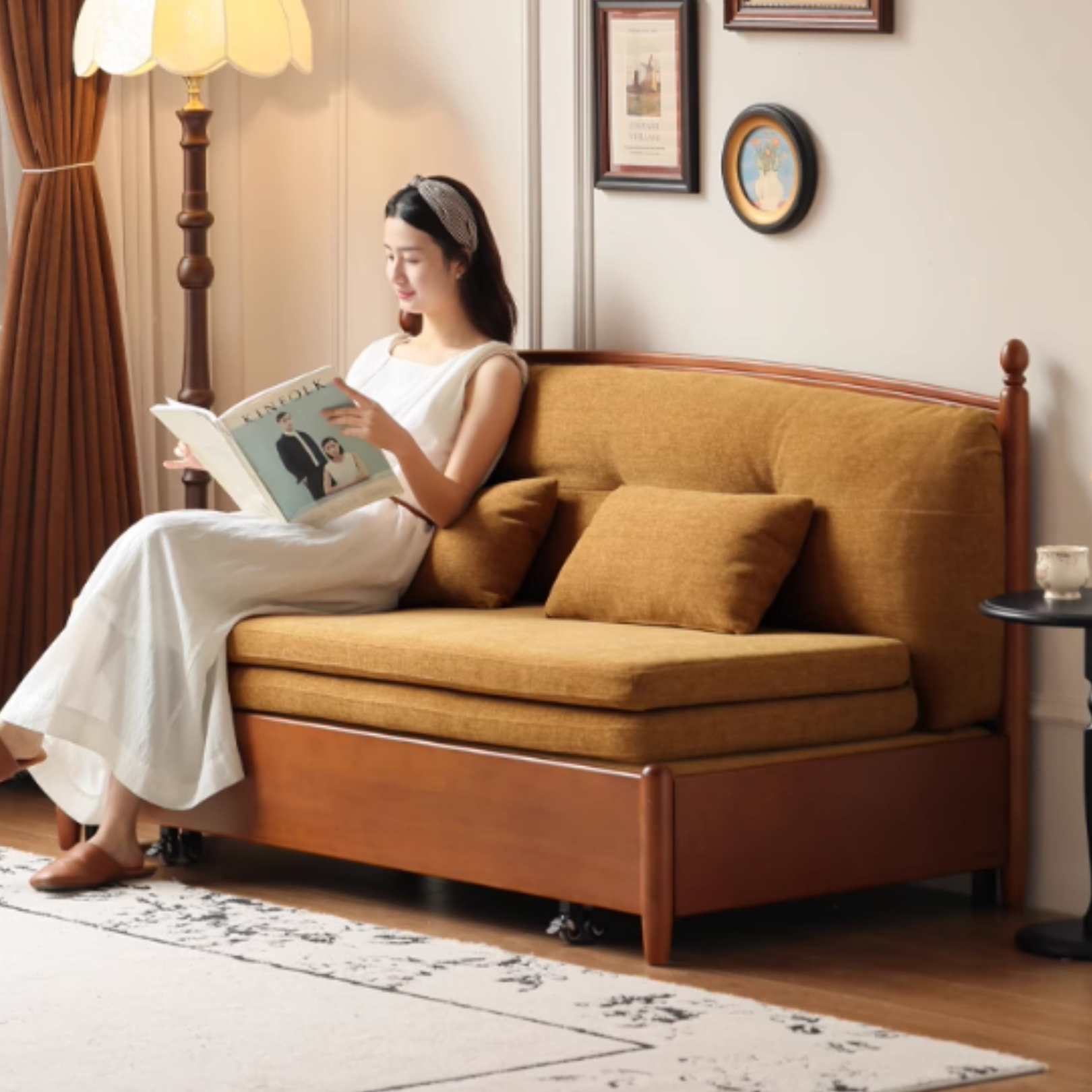 Poplar Solid Wood Telescopic French Vintage Sitting and Sleeping Dual purpose Sofa