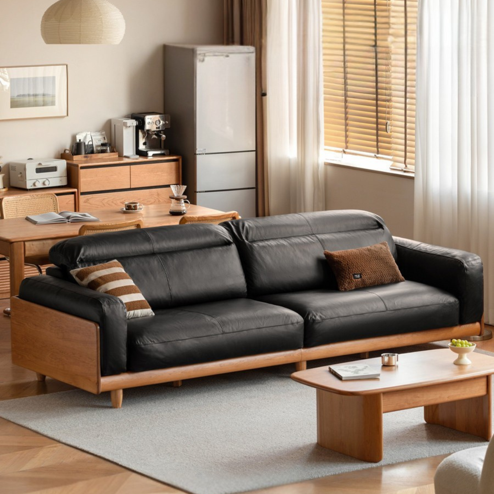 Cherry Wood Solid Wood Modern Leather Sofa