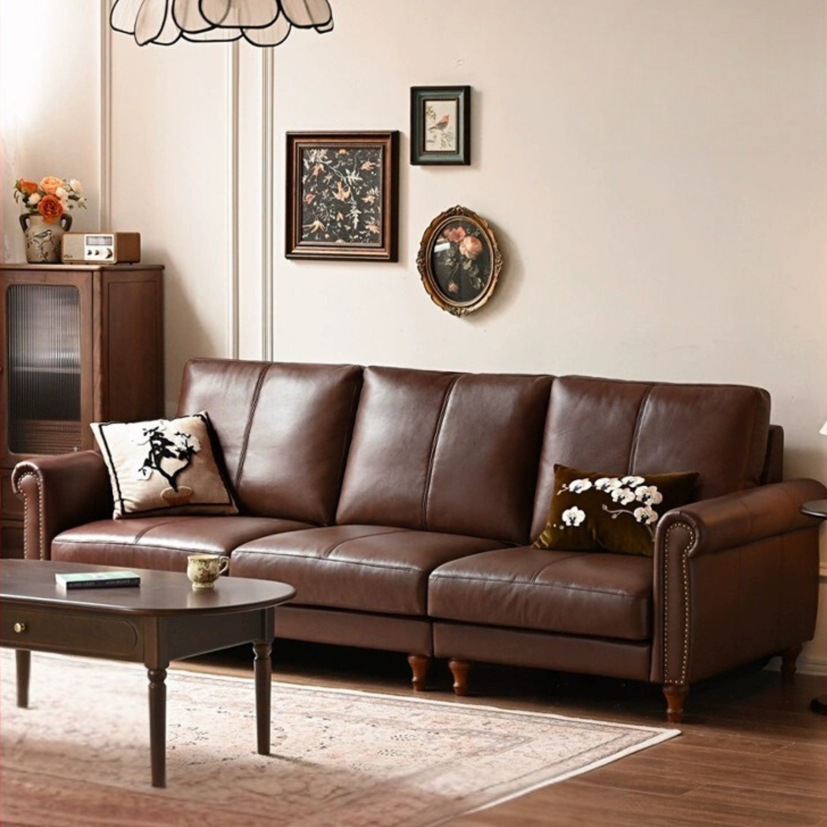 Genuine Leather American Retro High Back Sofa