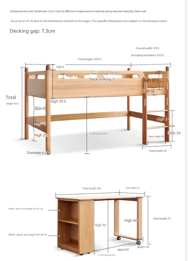 Oak solid wood Mid-high bed with slanting ladder<