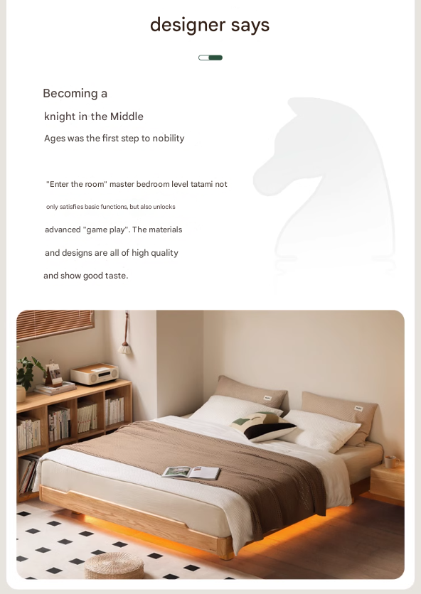 Oak, Beech Solid wood modern platform bed, headboard-free suspended bed with light
