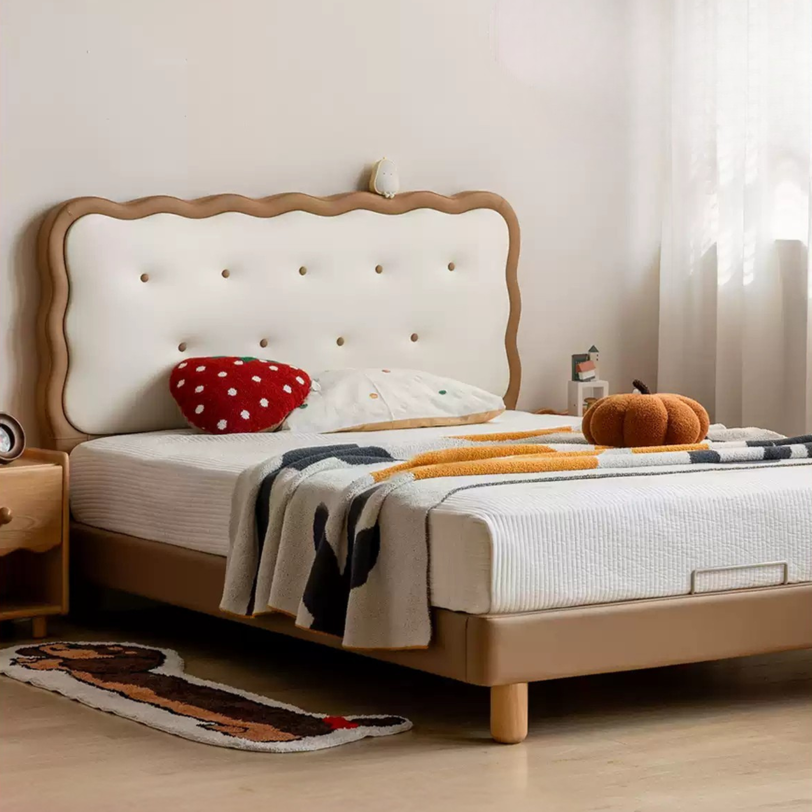 Beech Solid Wood Children's Organic Leather Soft High Headboard Biscuit Bed