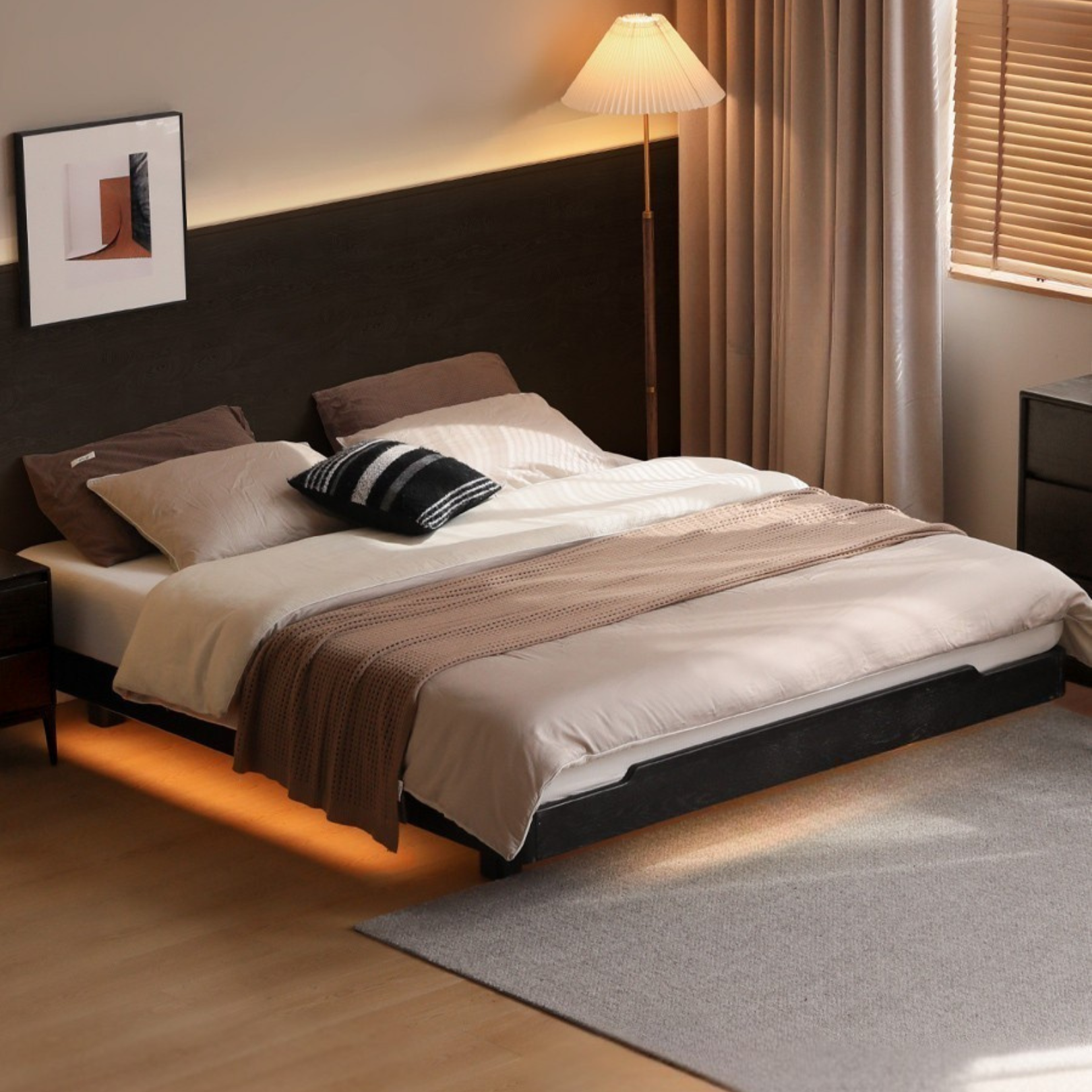 Oak solid wood Suspended platform bed, headboard-free bed Black with light