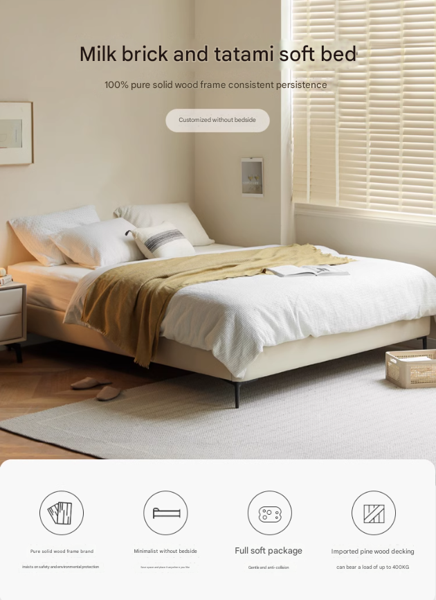 Technology Fabric platform bed, headboard-free bed Cream Style