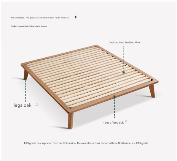 Oak solid wood platform bed, headboard-free bed
