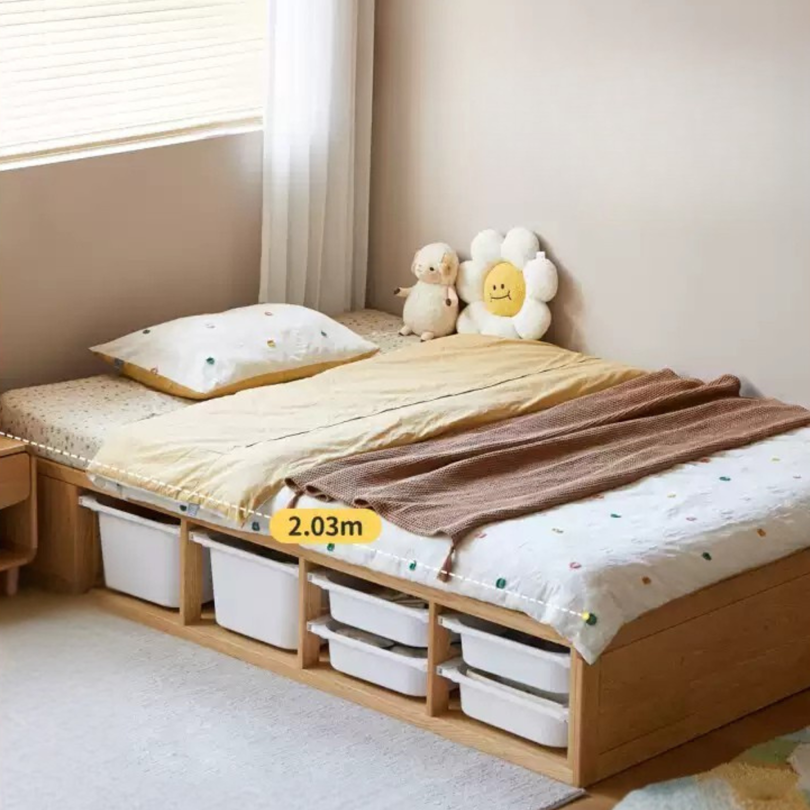 Oak Solid Wood Children's Box Platform Bed, Headboard-Free Bed