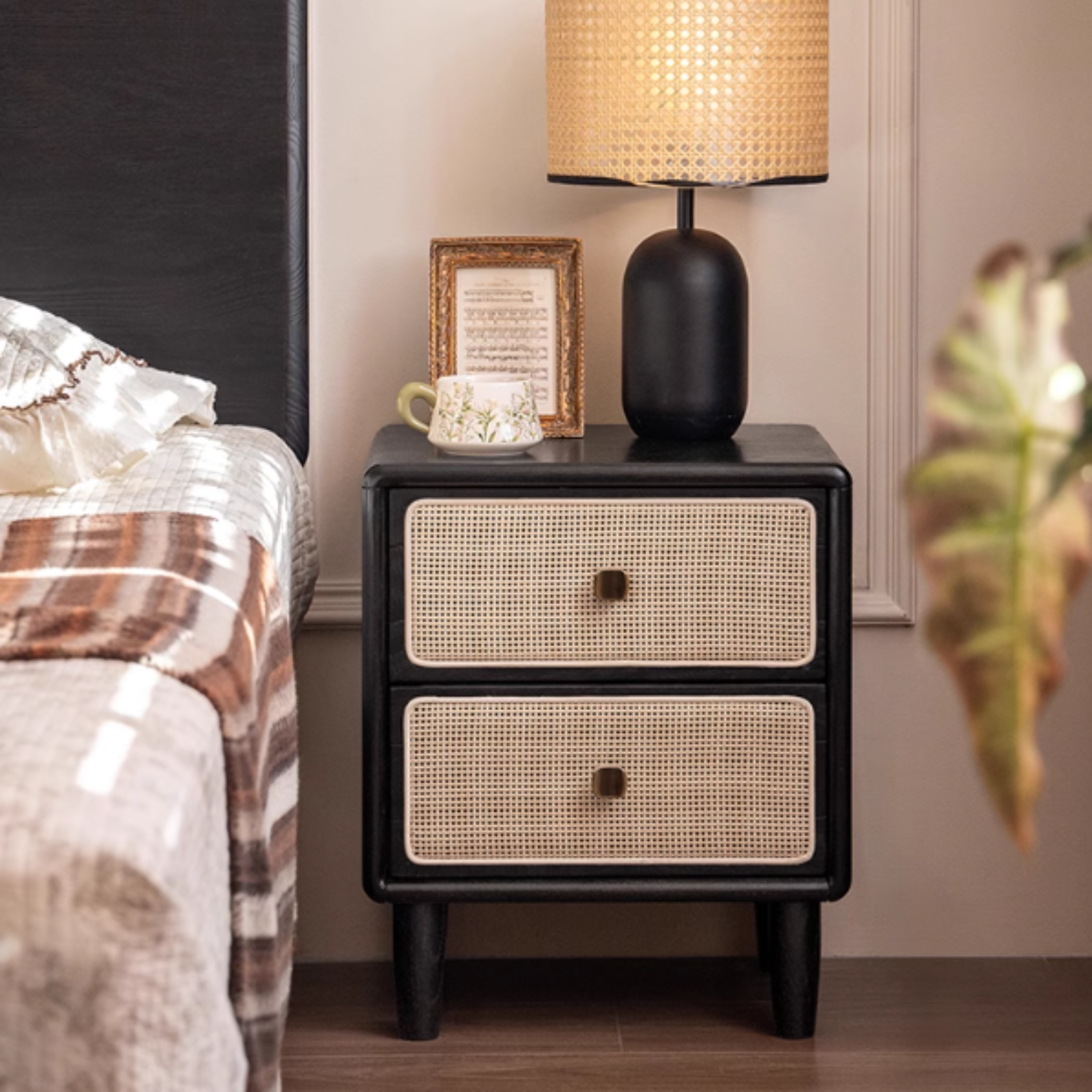 Solid RubberWood Vintage Black Nightstand