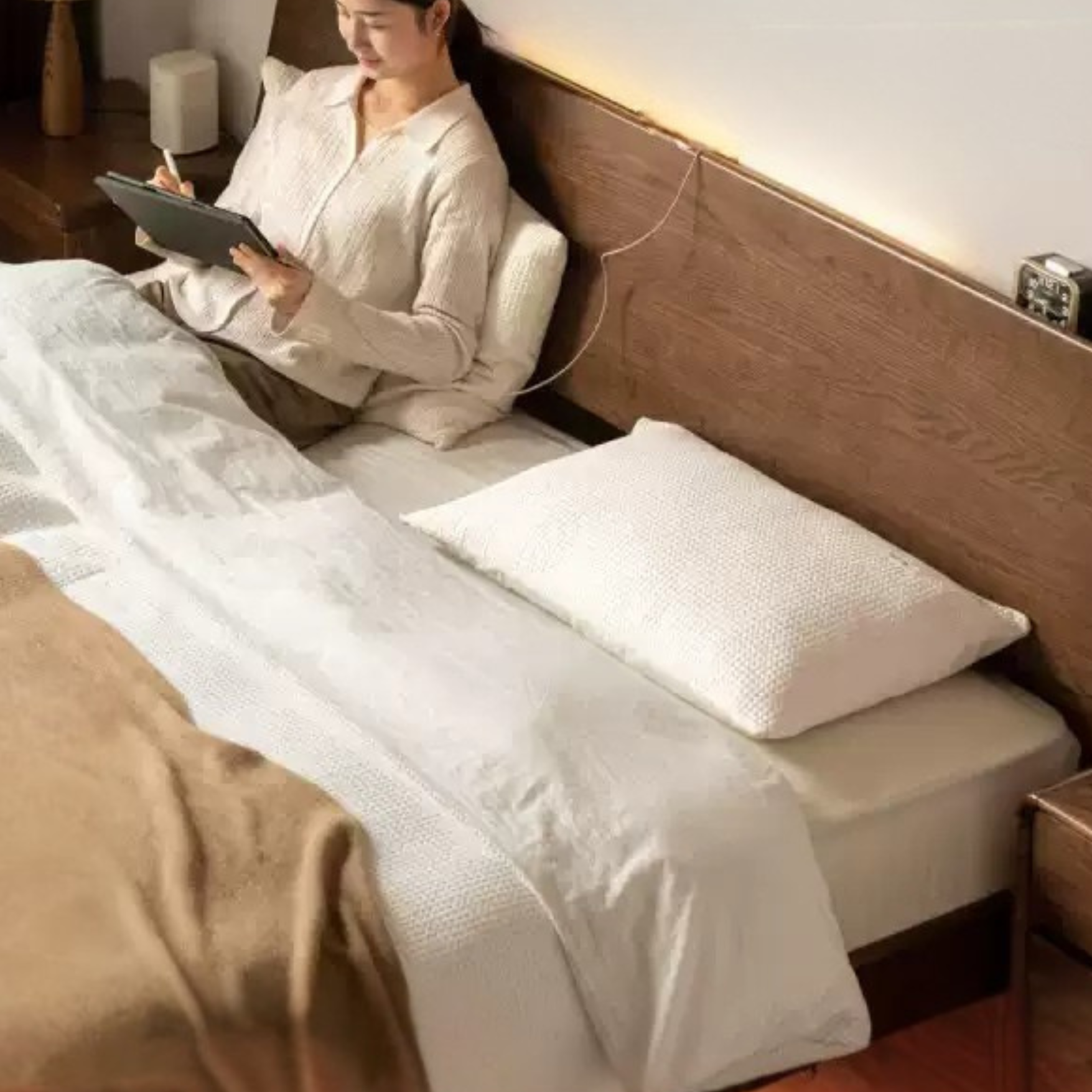 Oak solid wood bed with light, storage space
