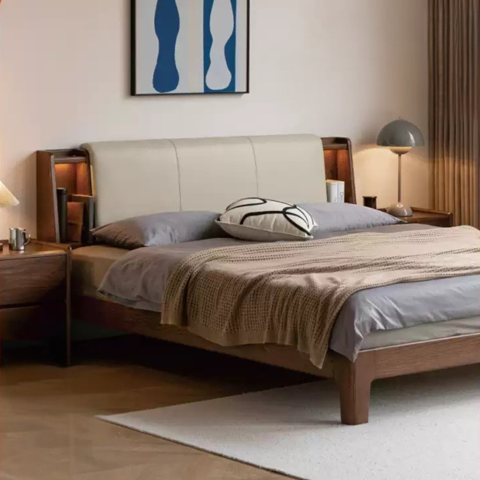 Oak solid wood Fabric leather soft bed with light