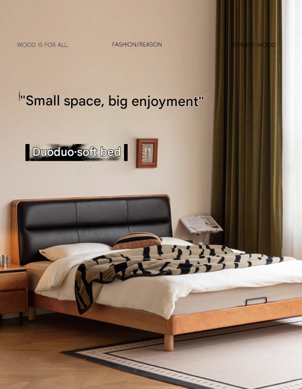 Cherry Solid Wood Leather Bed