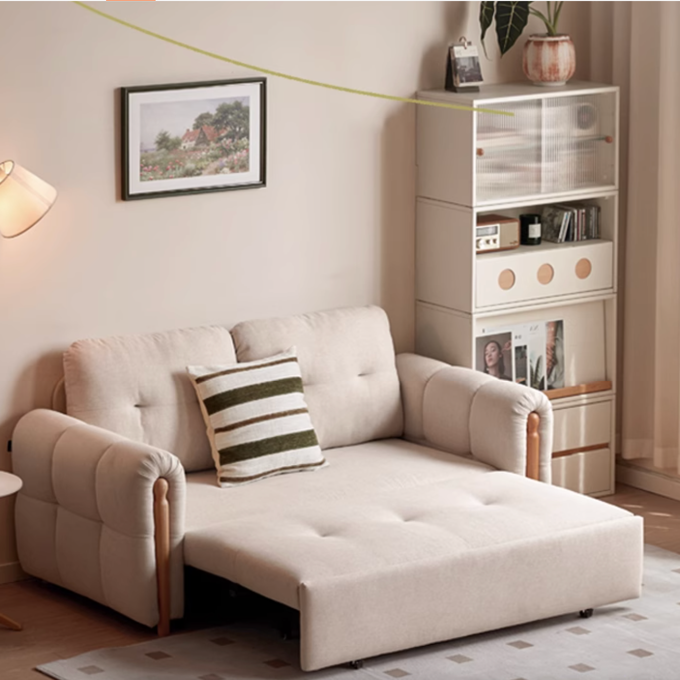 Fabric retractable sofa bed white cream style dual-purpose
