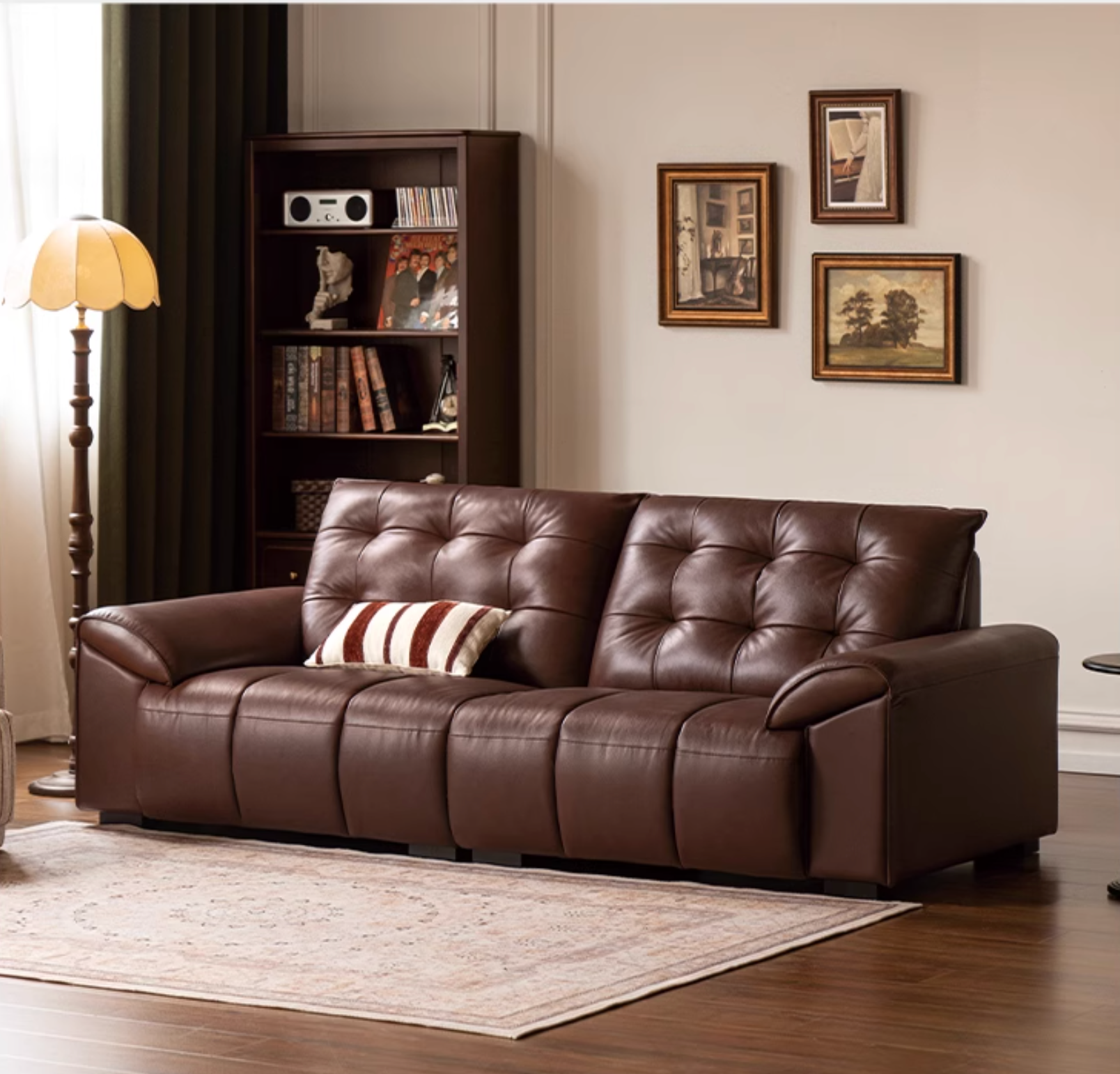 Genuine Leather American Retro High-Back Sofa with Checkerboard Black Bear Pattern