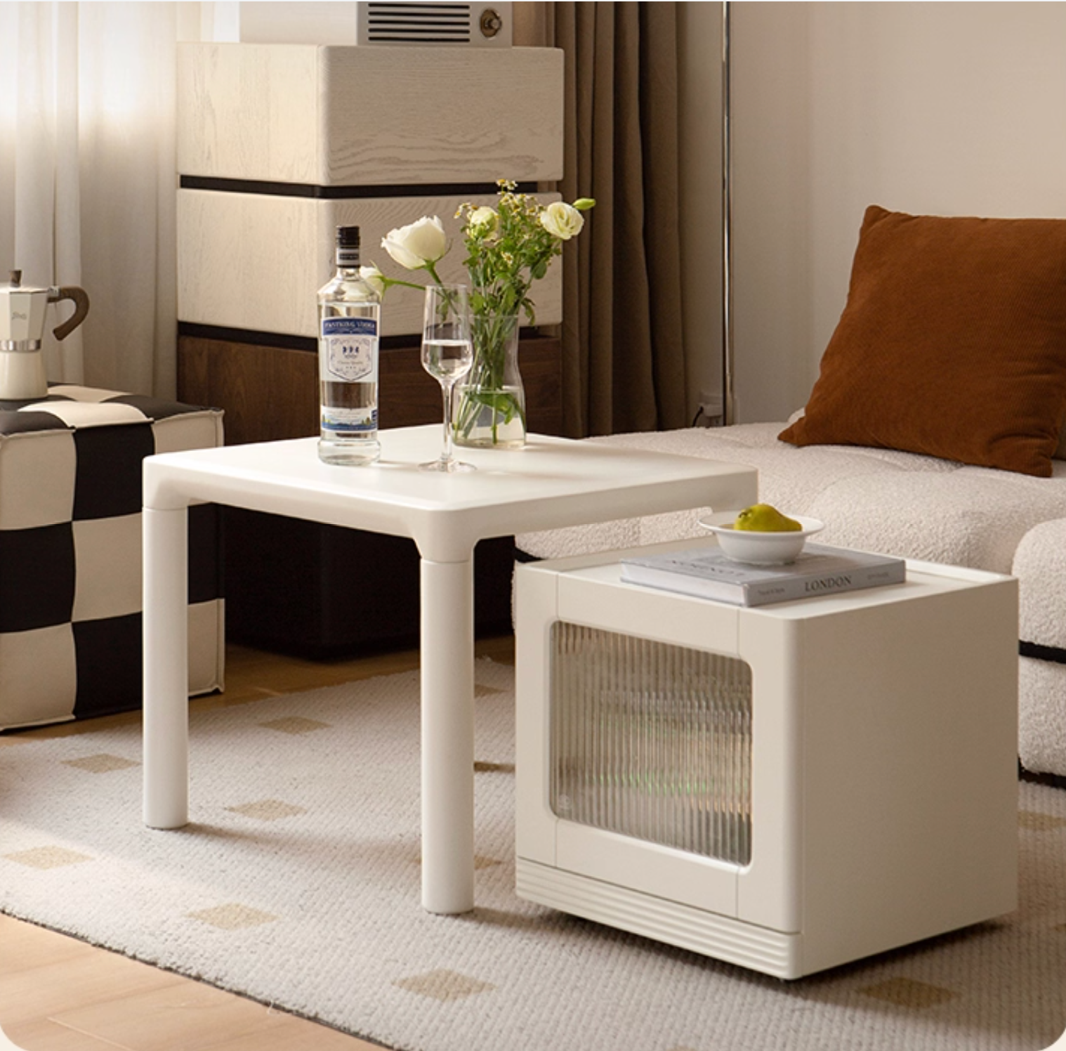 Poplar Solid Wood Cream Style Coffee Table Combination