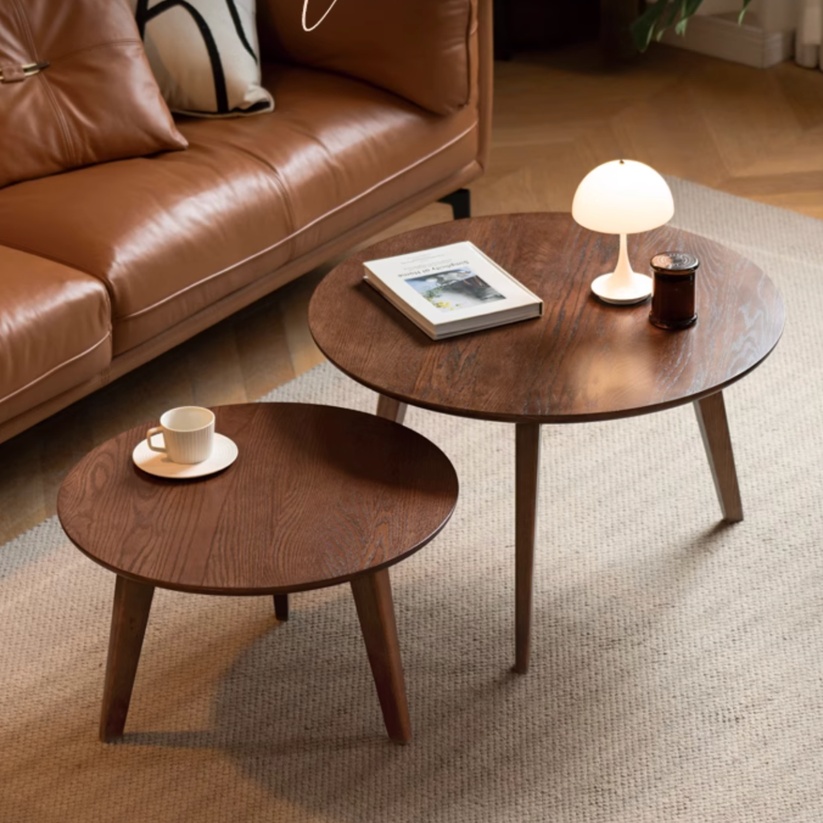 Oak, Solid Rubberwood Round Coffee Table Combination