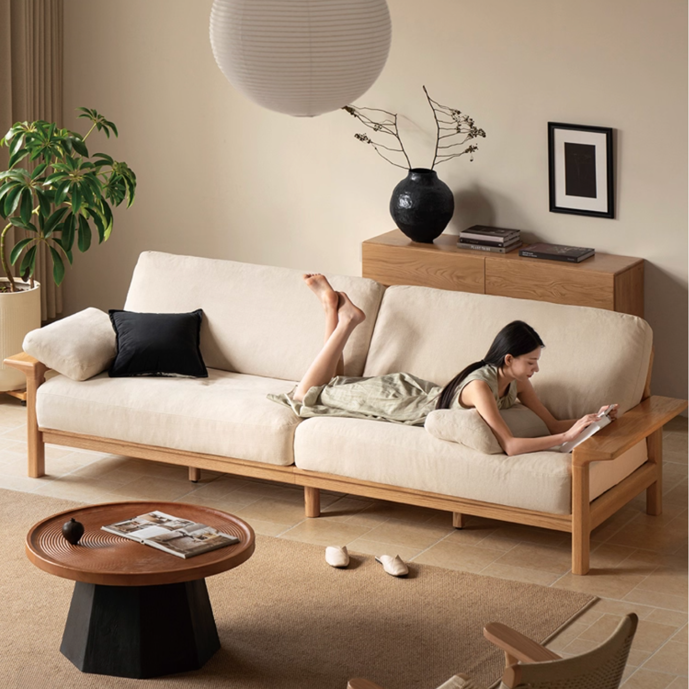 Oak, Ash Solid Wood Wabi Sabi Style Genuine Leather Sofa, fabric sofa