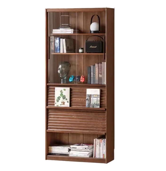 Oak, Beech Solid Wood Bookcase With Glass Door Floor-Standing Bookshelf Multi-Layer Storage Rack Free Combination Display Cabinet