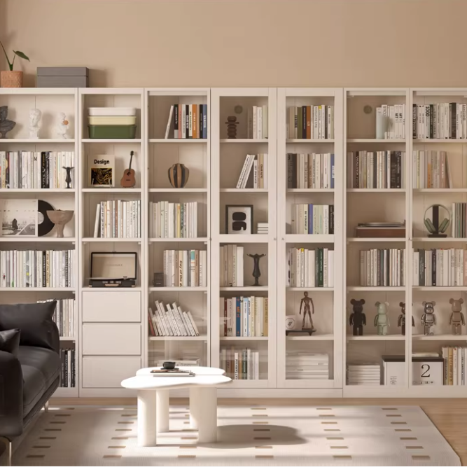 Poplar Solid Wood Combination Bookshelf Wall-To-Ceiling Bookcase Glass Door Display Cabinet Cream Style<