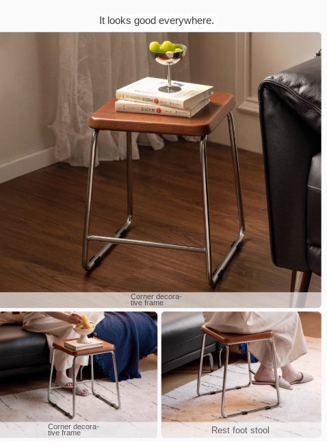 Poplar Solid Wood Medieval Style Retro Stainless Steel Stool