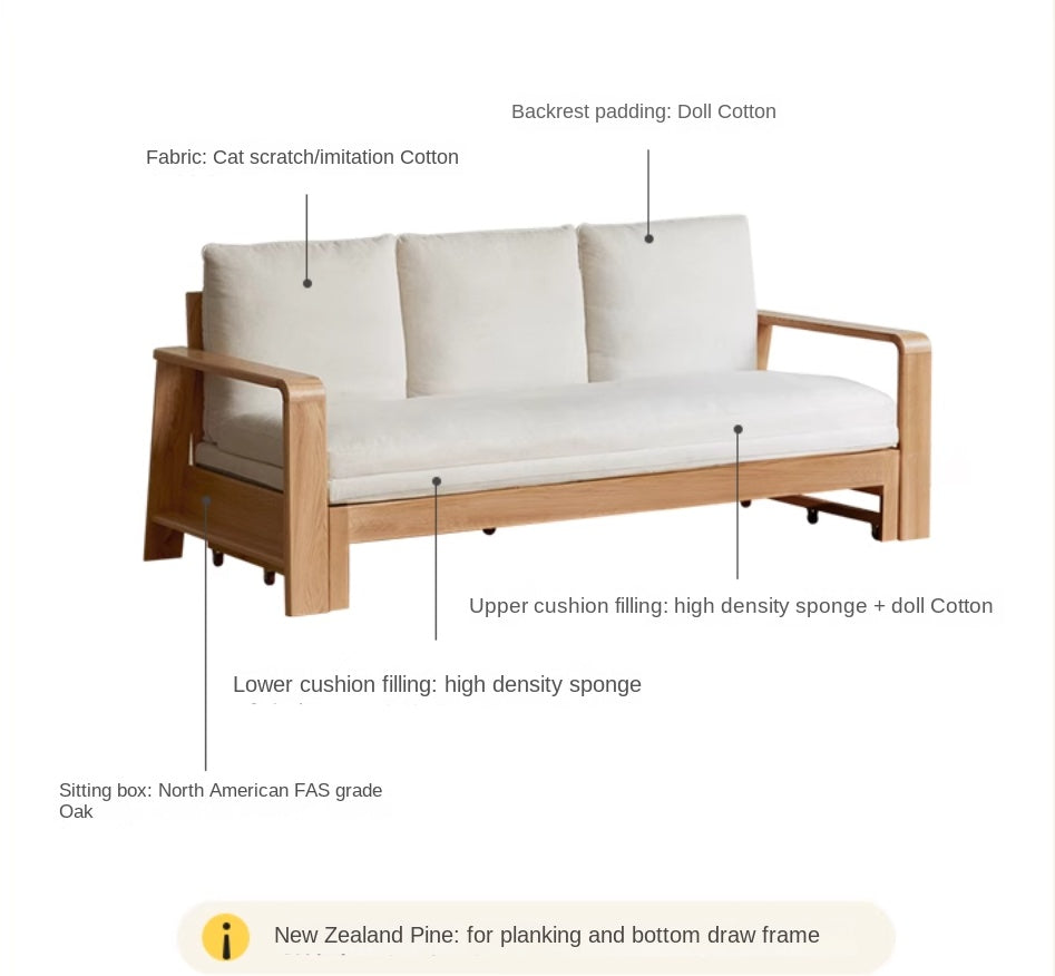 Oak Solid Wood Nordic Telescopic Sofa Bed