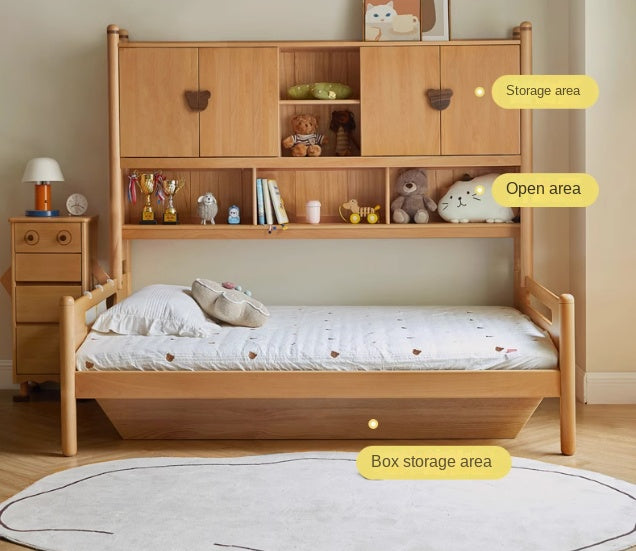 Oak Solid Wood Kids Storage Bed with Built-In Bookcase Headboard and Lift Storage
