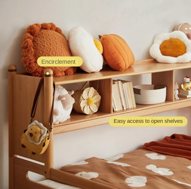 Oak Solid Wood Kids Storage Bed with Built-In Bookcase Headboard and Lift Storage