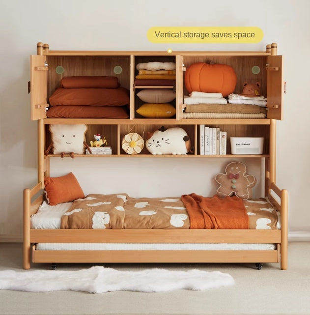 Oak Solid Wood Kids Storage Bed with Built-In Bookcase Headboard and Lift Storage