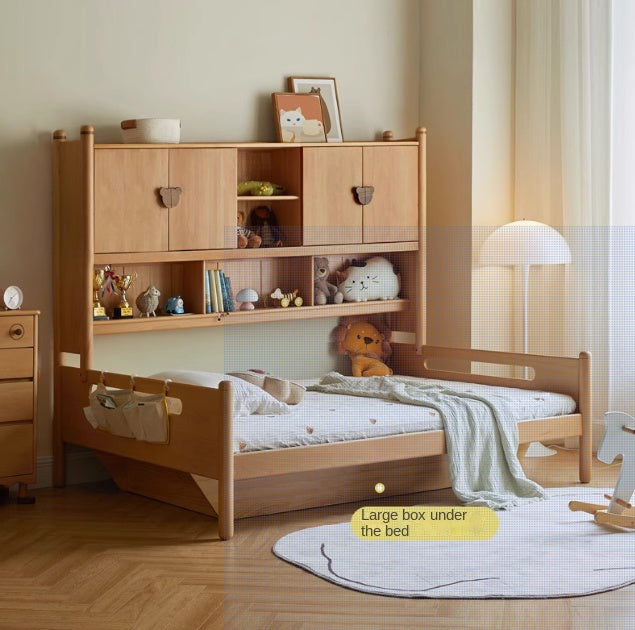 Oak Solid Wood Kids Storage Bed with Built-In Bookcase Headboard and Lift Storage