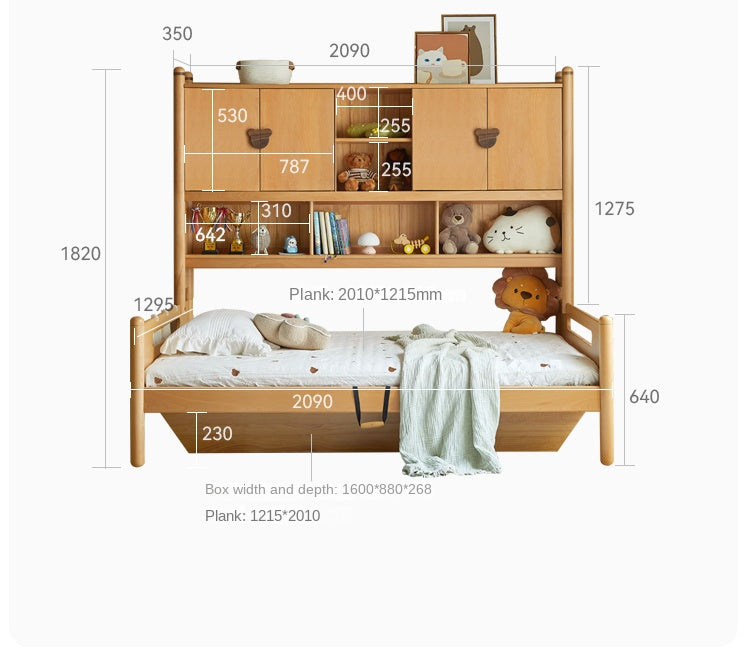 Oak Solid Wood Kids Storage Bed with Built-In Bookcase Headboard and Lift Storage